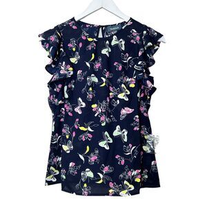 Modcloth Equal Reaction Butterfly Ruffled Sleeve Blouse Navy Blue Women XXS NWT